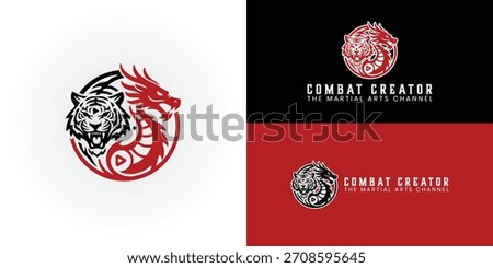 The circular logo features a fierce black tiger and a dynamic red dragon intertwined to form a yin-yang symbol with a play button. It's perfect for a martial arts influencer's brand identity.