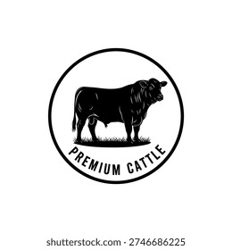 Circular logo featuring a black bull silhouette standing on grass with the words 'Premium Cattle'. Ideal for ranch, farm, beef packaging, branding, labels and agricultural marketing.