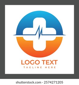 A circular logo featuring a blue and orange gradient. The center has a white medical cross symbol with a heartbeat line running through it