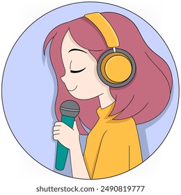 A circular logo featuring a cartoon style podcaster in side profile. The podcaster has pink hair and is wearing large yellow headphones