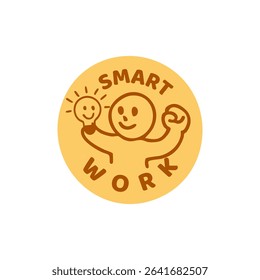 A circular logo featuring a cartoon-style figure holding a lightbulb. The figure has a happy expression and muscular arms.  The words "SMART WORK" are centered beneath the figure
