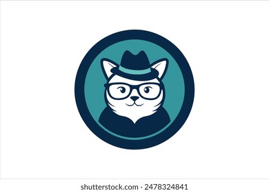 A circular logo featuring a cat wearing a hat and glasses. This is a vector art illustration that captures a playful and sophisticated feline character.