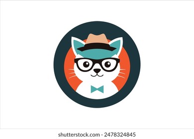 Un logo circular con un gato con sombrero y gafas. Esta es una ilustración de Arte vectorial que captura un personaje felino juguetón y sofisticado.