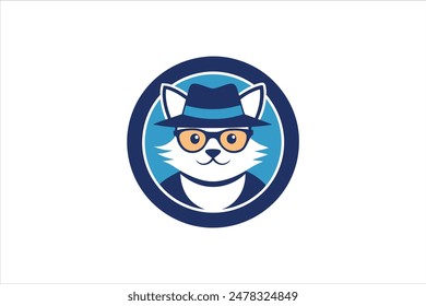 A circular logo featuring a cat wearing a hat and glasses. This is a vector art illustration that captures a playful and sophisticated feline character.