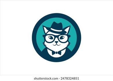A circular logo featuring a cat wearing a hat and glasses. This is a vector art illustration that captures a playful and sophisticated feline character.