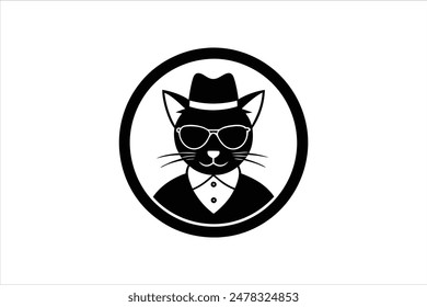 A circular logo featuring a cat wearing a hat and glasses. This is a vector art illustration that captures a playful and sophisticated feline character.