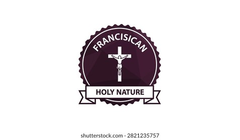 A circular logo featuring a Christian cross at the center with the text Franciscan and Holy Nature on a dark purple background.
