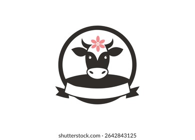 A circular logo featuring a cow wearing a flower crown and ribbon. The design is suitable for various branding and icon purposes.