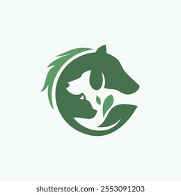 A circular logo featuring a horse, cat, and dog in negative space, with along green leaves.