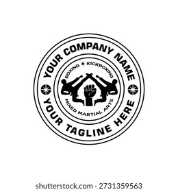 Un logotipo circular con siluetas de kickboxing y artes marciales con diseño de Ilustración vectorial plana de texto personalizable aislado sobre un fondo blanco