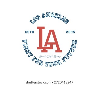 Um logotipo circular com as letras LA em vermelho, com texto ao redor.