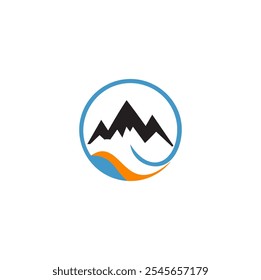 A circular logo featuring a mountain peak and a wave-like design.