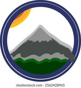 A circular logo featuring a mountain range