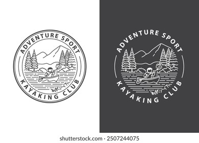 Logo circular con una persona haciendo kayak en un lago rodeado de árboles y una montaña, con el texto "Adventure Sport Kayaking Club".