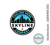 A circular logo featuring a Skyline Silhouette, designed using various shades of blue and black.