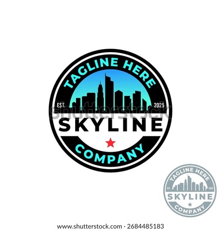 A circular logo featuring a Skyline Silhouette, designed using various shades of blue and black.