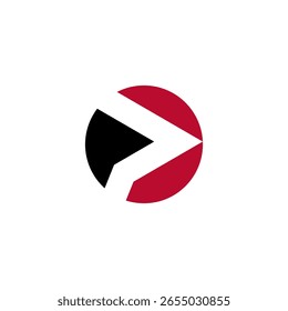 Um logotipo circular com uma seta estilizada ou símbolo de botão de reprodução, dividido em seções vermelhas, pretas e brancas, indicando direção ou mídia