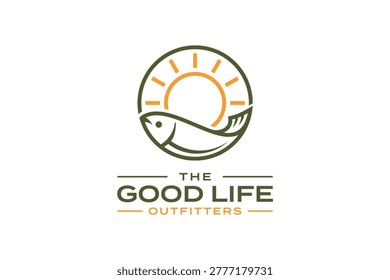 A circular logo featuring a stylized fish swimming towards a sun, with the text 'The Good Life Outfitters' below.