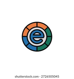Logo circular con una letra estilizada 'e' en el centro, rodeado por un fondo segmentado con colores naranja, azul y verde.