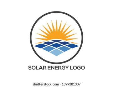 Circular logo featuring a stylized sun rising over a field of solar panels