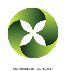 A circular logo featuring a symmetrical design with four green petals or leaf shapes. Minimal Circle Logo Design. green petals or leaf shapes.