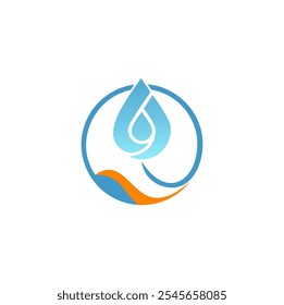 A circular logo featuring a water drop and a wave-like design.