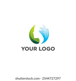 A circular logo with a gradient blue and green design forming a face profile.