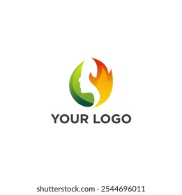 A circular logo with a gradient flame and a green leaf shape forming a face profile.