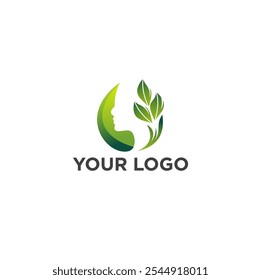 A circular logo with a gradient green design forming a woman's face profile and leaves.