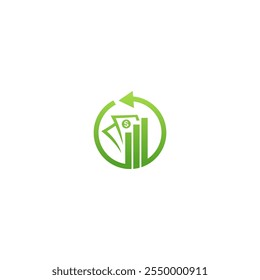 A circular logo with a green gradient, featuring a stack of money and a bar graph with an upward arrow, symbolizing financial growth and progress