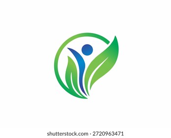 Logotipo circular com folhas e figura humana, representando saúde, crescimento e harmonia ambiental.