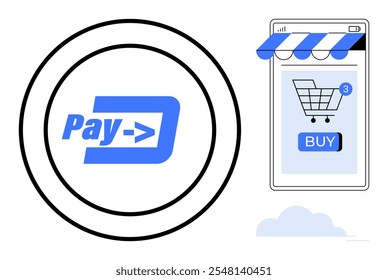 Circular logo with Pay text and arrow, alongside smartphone with shopping cart and buy button. Ideal for digital payments, e-commerce, mobile apps, online shopping, technology services. Simplistic