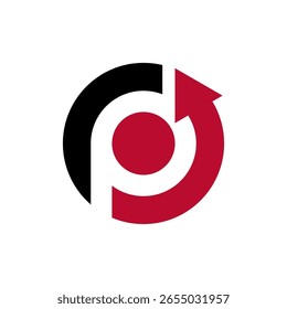 Um logotipo circular com um círculo central vermelho, parcialmente rodeado por formas curvas a preto e vermelho com uma seta, criando uma sensação de movimento dinâmico