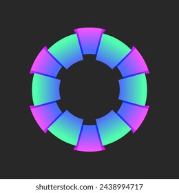 Circular logo sectors pattern surfaces made of folded paper in vibrant gradient, round layers geometric shapes in origami style. Ring symbol featuring areas, levels, and shadows.