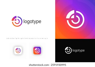 Circular logo with segments forming digital target, symbolizing precision, strategy, technology. Ideal for IT, radar systems, searching technology, blockchain, cybersecurity, fintech. Vector logo.