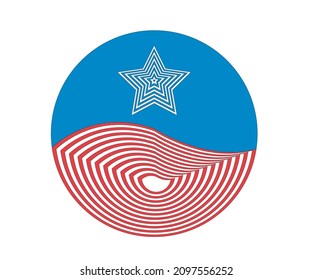 Circular logo with a set of wavy lines in white and red in addition to a star on a blue circle, vector image .