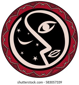 Circular logo with the silhouette of the half face of a woman, on the other side a starry night with the moon in red color