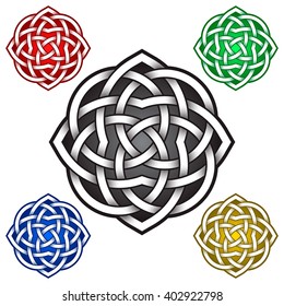 Circular logo symbol in Celtic style. Tribal tattoo symbol. Silver stamp for jewelry design and samples of other colors.