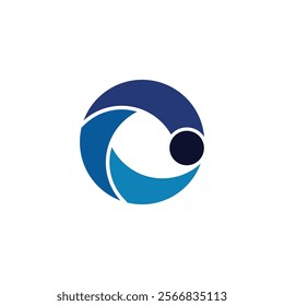 A circular logo with a wave-like design in shades of blue and a dark blue dot