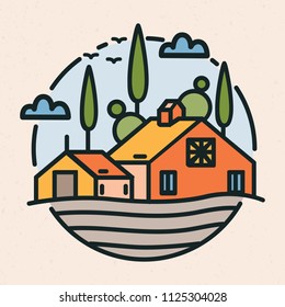 Circular logotype with village landscape, barn or ranch building and cultivated field in linear style. Round logo or label with farmland scenery isolated on light background. Vector illustration.
