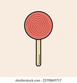 Circular Lollipop with red candy, wooden stick and cool spiral. This iconic vector filled lollipop illustration is ready for your party