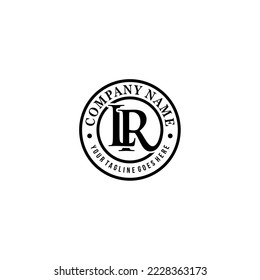 Circular lr letter logo design classic serif typeface monochrome emblem for branding and marketing