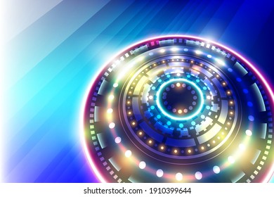 Zirkulär heller Hintergrund Das fliegende Untertassenmuster strahlt um den Kreis herum aus. Vollständige technologische Elemente für die Erstellung abstrakter Farbszenen.