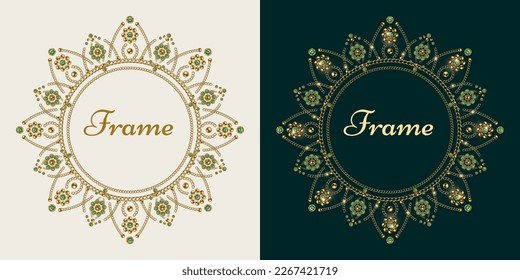 Circular luxury frame with copy space, gold jewelry chains, green gems, rhinestones, ball beads in eastern style. For prints, poster, cover, textile, surface design.