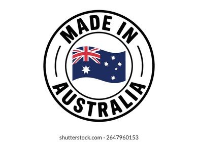 Um rótulo circular 'Made in Australia' com a bandeira australiana no centro, significando origem do produto e garantia de qualidade.