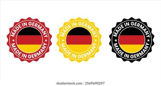 Circular Made in Germany badge with bold German flag elements. Perfect for branding, labeling, and packaging to promote authentic German-made products, quality assurance, and national identity.