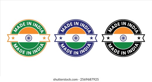 Circular Made in India badge featuring national flag elements. Ideal for branding, labels, packaging, and promoting Indian products and craftsmanship.