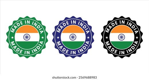 Circular Made in India badge with vibrant Indian flag elements. Perfect for product branding, packaging, and labels showcasing authenticity, Indian craftsmanship, and national pride.