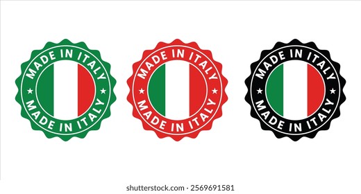 Circular Made in Italy badge with bold Italian flag design. Perfect for branding, product labeling, packaging, and promoting Italian craftsmanship.