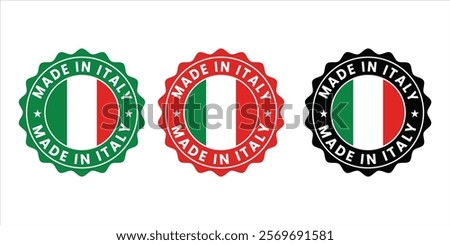 Circular Made in Italy badge with bold Italian flag design. Perfect for branding, product labeling, packaging, and promoting Italian craftsmanship.
